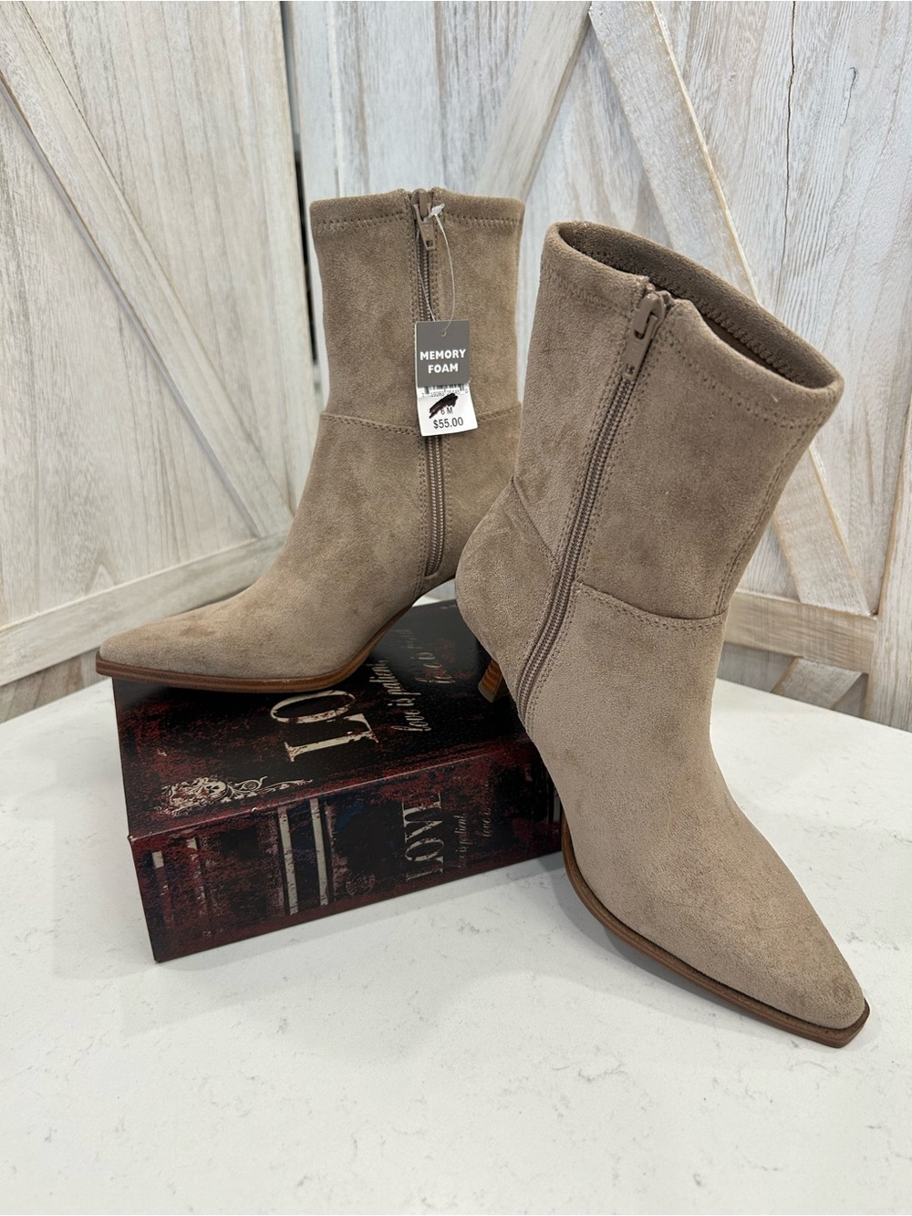 Suede Pointed Toe Taupe Ankle Booties with Side Zip